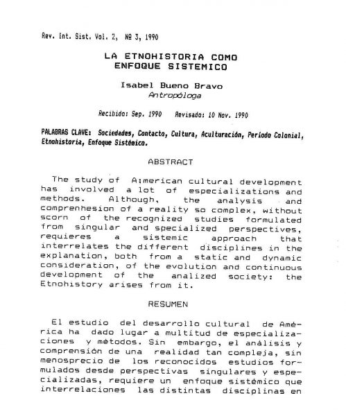 “La etnohistoria como enfoque sistémico”. Revista Internacional de Sistemas, vol, 2, nº. 3, 1990: 261-275.