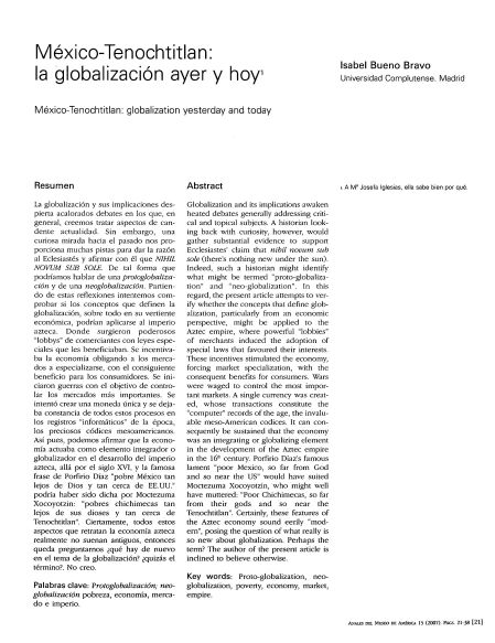 “México-Tenochtitlan: la globalización ayer y hoy”. Anales del Museo de América. Vol, 15. 2007: 21-38.